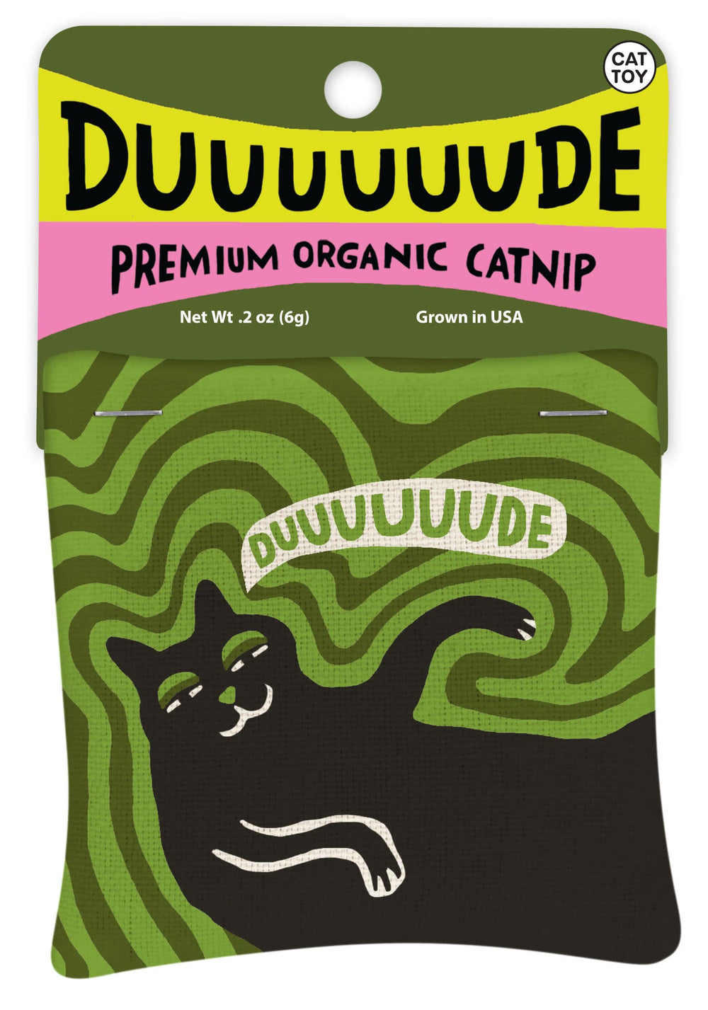 Blue Q Duuuuuuude catnip toy front face silkscreen for interactive play