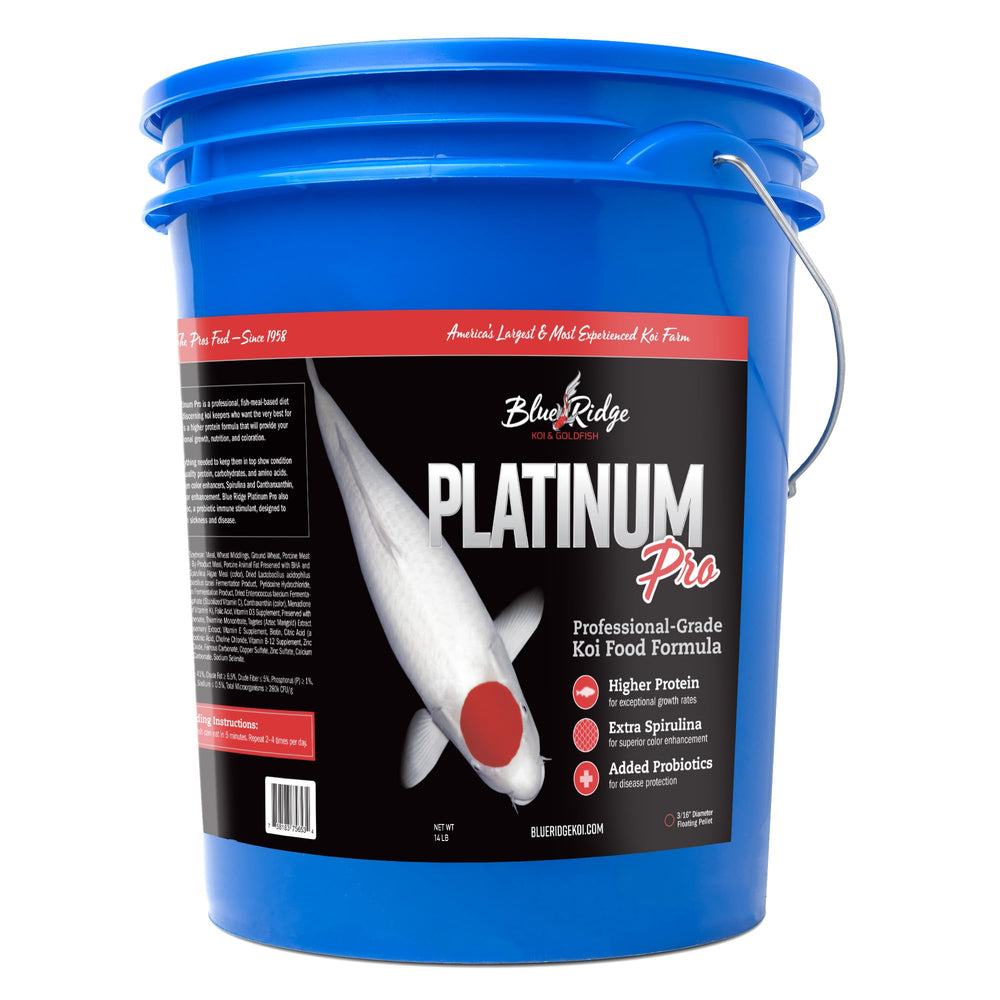 Blue Ridge Fish Hatchery koi food bag front highlights premium ponds pellets for koi health