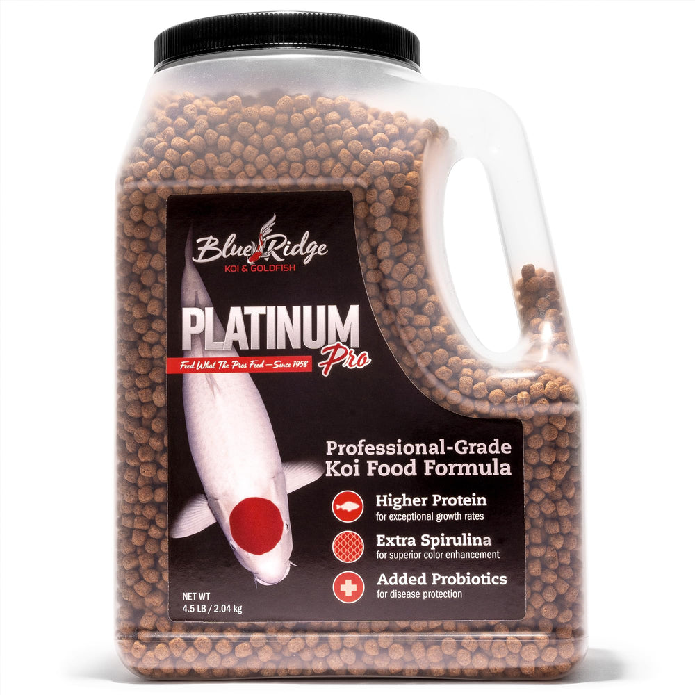 Blue Ridge Koi Food 4.5lb packaging showing premium pond nutrition for koi and goldfish.
