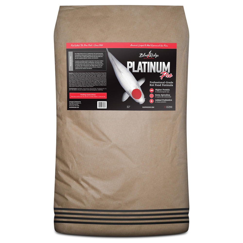 Blue Ridge Koi Food 50lb bag with premium pellets for pond nutrition.