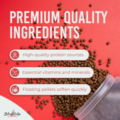 Blue Ridge Koi Food color-enhancer pellets featuring spirulina and canthaxanthin.