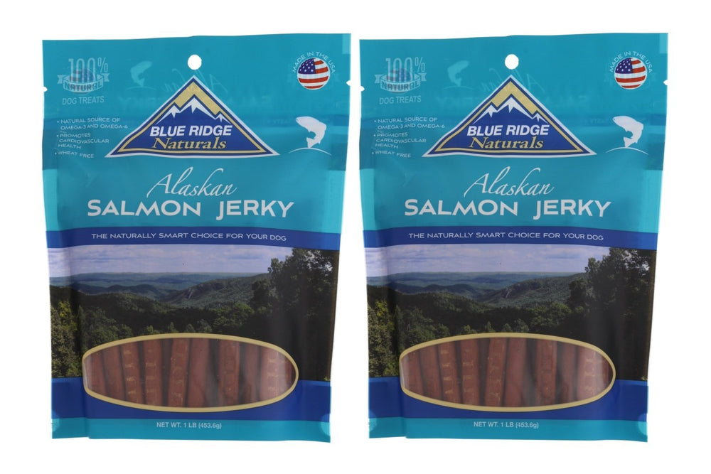 Blue Ridge Naturals Alaskan Salmon Jerky front shows omega-rich treats for healthy coat