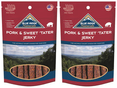 Blue Ridge Naturals pork and sweet potato jerky bag ready for training treats and daily rewards.