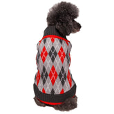 Blueberry Pet Chic Argyle dog sweater close-up knit texture in charcoal and scarlet for stylish daily wear