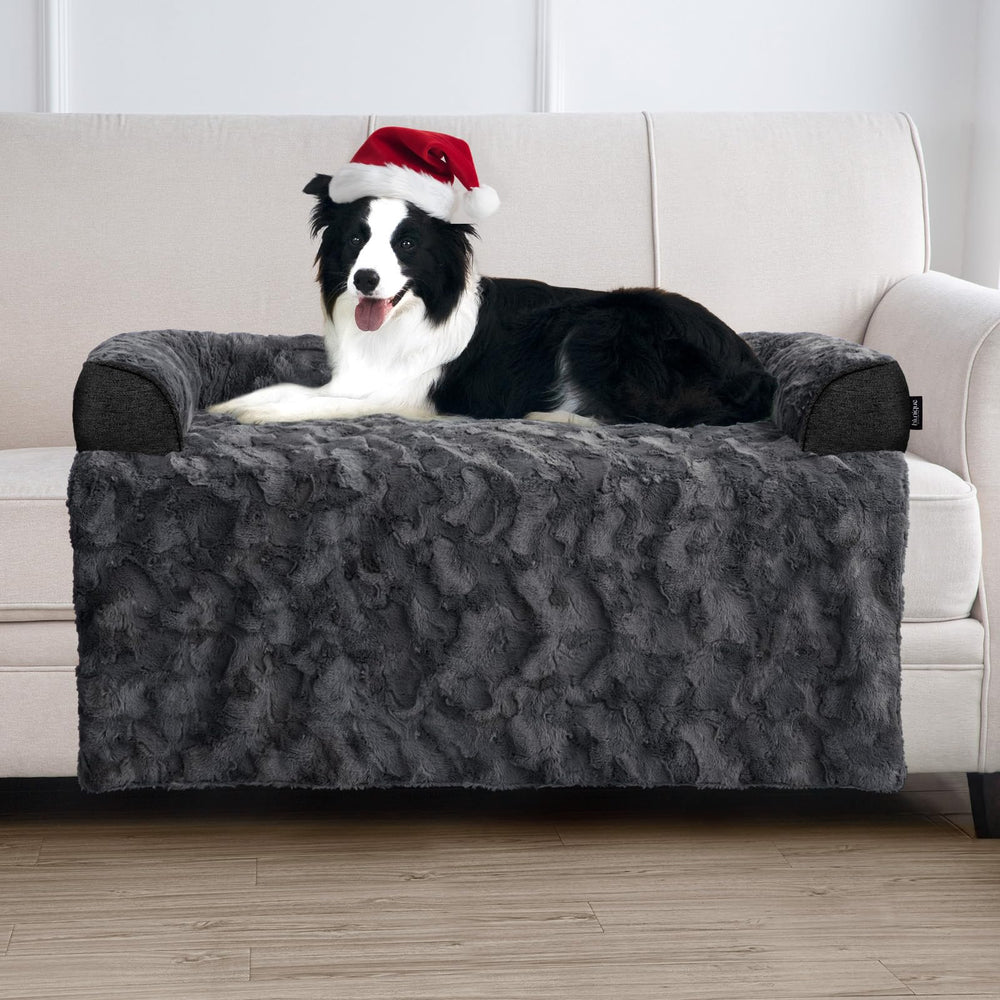 Blunique calming large dog bed on couch for spacious, cozy lounging.