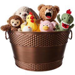 BluPup indestructible metal dog toy bin with copper finish for durable storage.