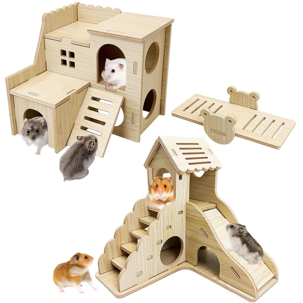 BNOSDM wood hamster house double-level hideout for safe, cozy play and rest