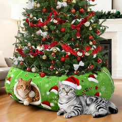 BobbleT Christmas Cat Tunnel Tree Skirt under the tree offers cozy play and ornament protection.