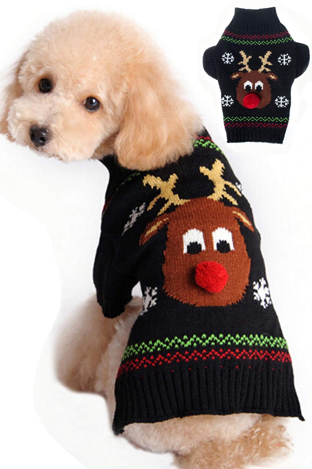 BOBIBI dog sweater Christmas reindeer front view keeps your pet warm during festive strolls.
