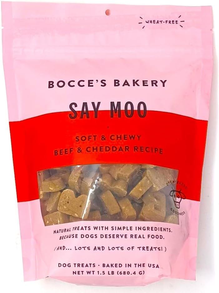 Bocce's Bakery Say Moo dog treats—soft chewy beef and cheddar texture ideal for training rewards.