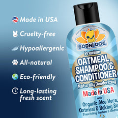 Bodhi Dog acondicionador avena: frasco visible y pelaje suave.