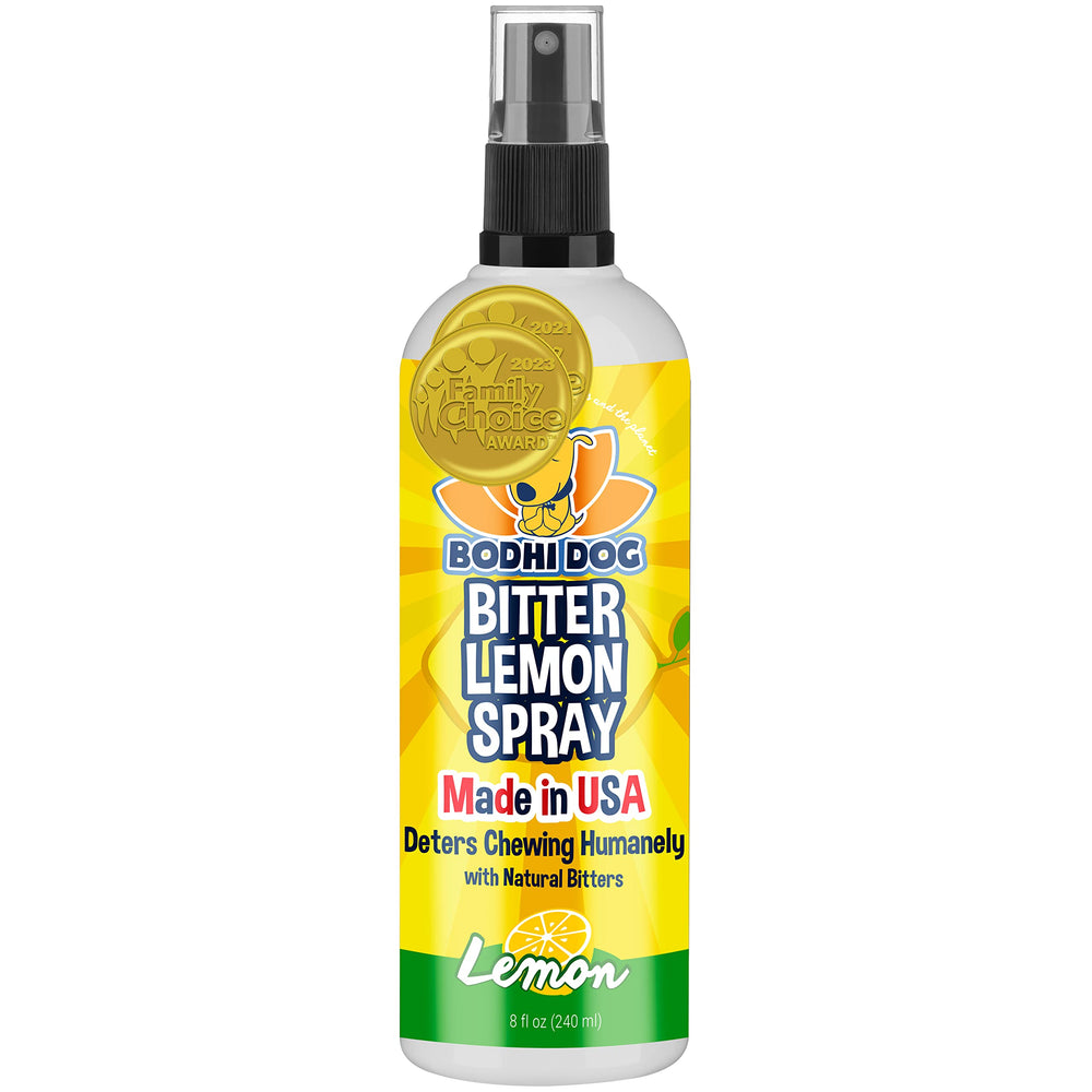 Bodhi Dog Bitter Lemon Spray bottle shown as a humane chewing deterrent for pets