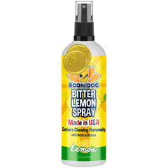 Bodhi Dog Bitter Lemon Spray bottle shown as a humane chewing deterrent for pets