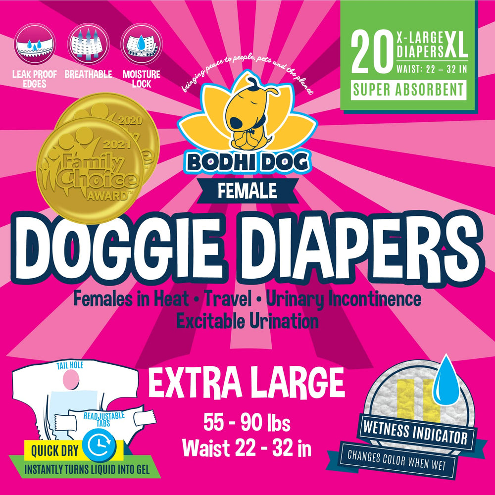 Bodhi Dog disposable female diapers XL, snug waist shown with absorbent core for dryness and leak protection.
