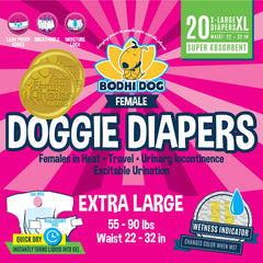 Bodhi Dog disposable female diapers XL, snug waist shown with absorbent core for dryness and leak protection.