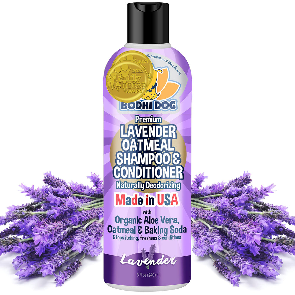 Bodhi Dog Lavender Oatmeal Shampoo bottle promotes gentle cleansing for sensitive pets