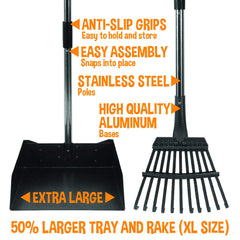 Bodhi Dog nine-teeth rake demonstrates thorough waste pickup across grass and gravel.