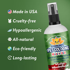 Bodhi Dog premium pet perfume label highlighting USA-made, safe formula