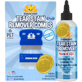 Bodhi Dog Tear Eye Combs in use gently lifting eye stains during grooming.