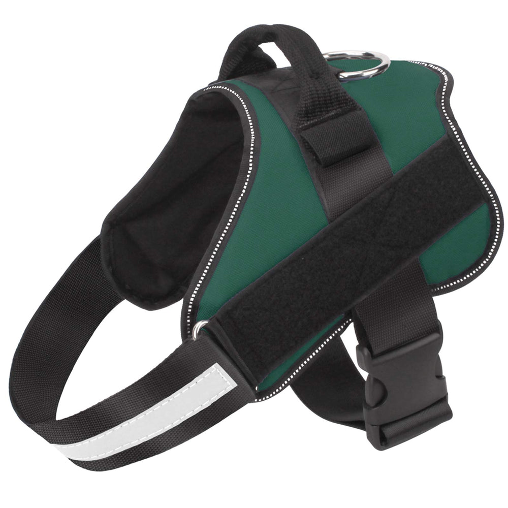 Bolux dog harness no-pull design on dark green vest improves comfortable walking.