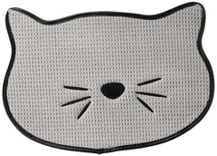 Bone Dry embroidered cat shape placemat gray with microfiber surface for mess-free feeding.