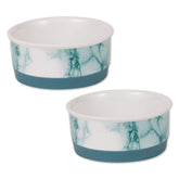 Bone Dry teal ceramic marble pet bowls for easy cleaning and daily feeding.