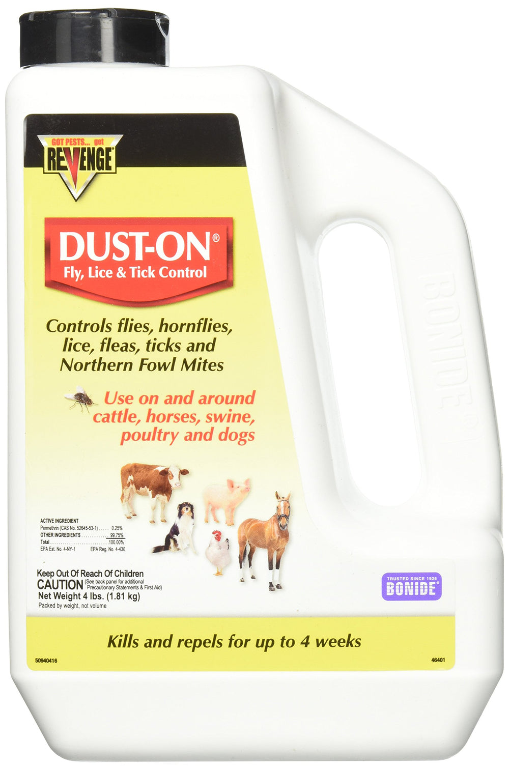 Bonide Dust-On Fly, Lice & Tick Control image focusing on livestock pest protection.