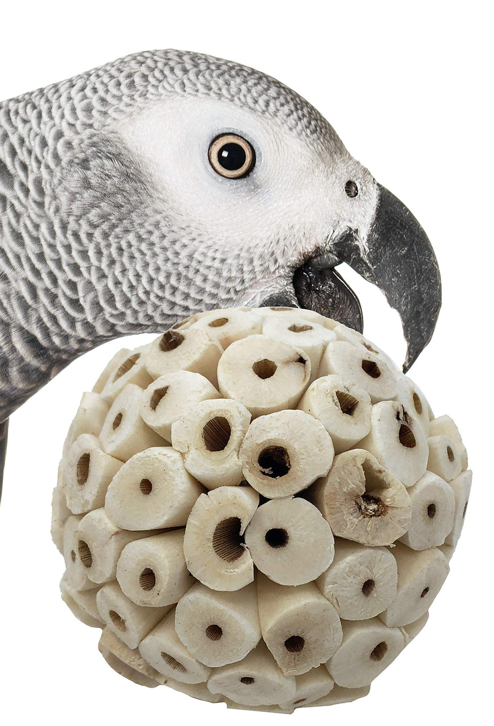 Bonka Sola Atta Ball pack3 closeup—natural bird chew toy for enrichment.