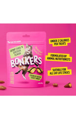 Bonkers Cat Treats Chicken Cheddar morsel highlights real chicken and cheese flavor.