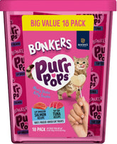 Bonkers Purrpops value-pack packaging showing 18 treats for multi-cat households.