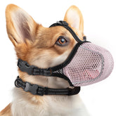 Bonthee dog muzzle pink L shows breathable, comfortable wear for dogs.