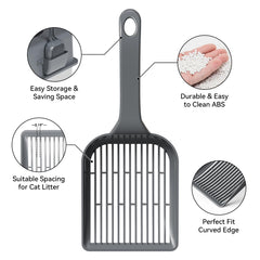 Booche deep-curved scoop reaches corners for thorough litter cleaning.