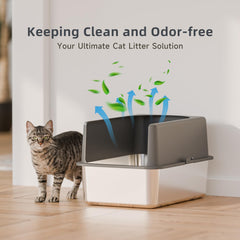 Booche stainless steel litter box with lid closed demonstrating spill-free privacy