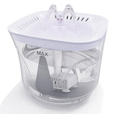 BOODIDI cat water fountain front view shows 2.4L capacity for steady pet hydration.