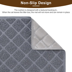 BOOMIBOO litter mat under box demonstrates fit on standard setups and easy cleanup.