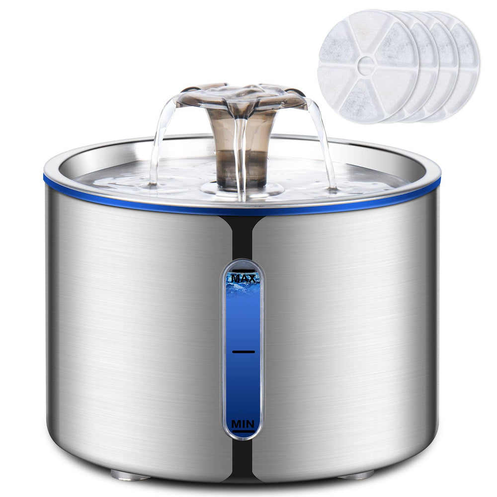 BOORCA cat fountain front view shows stainless steel surface for hygienic hydration