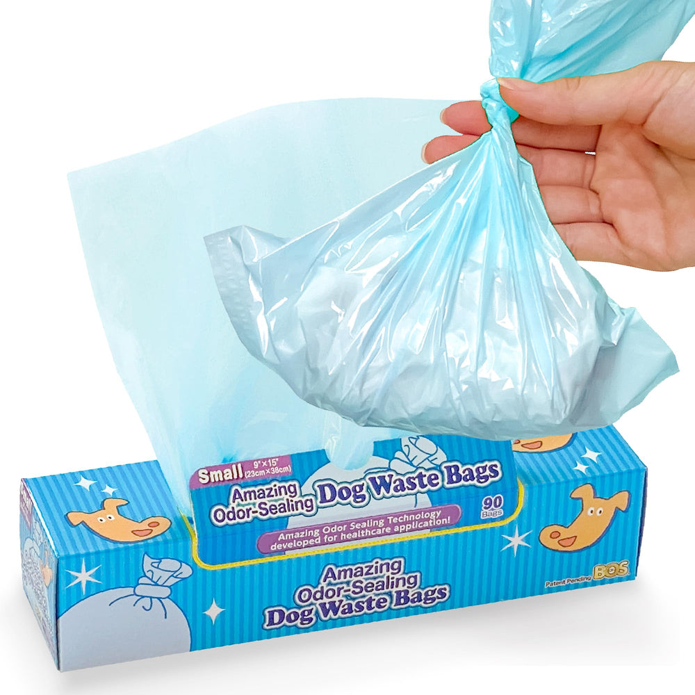Bos box of amazing odor-sealing dog poop bags showing durable design for mess-free disposal.