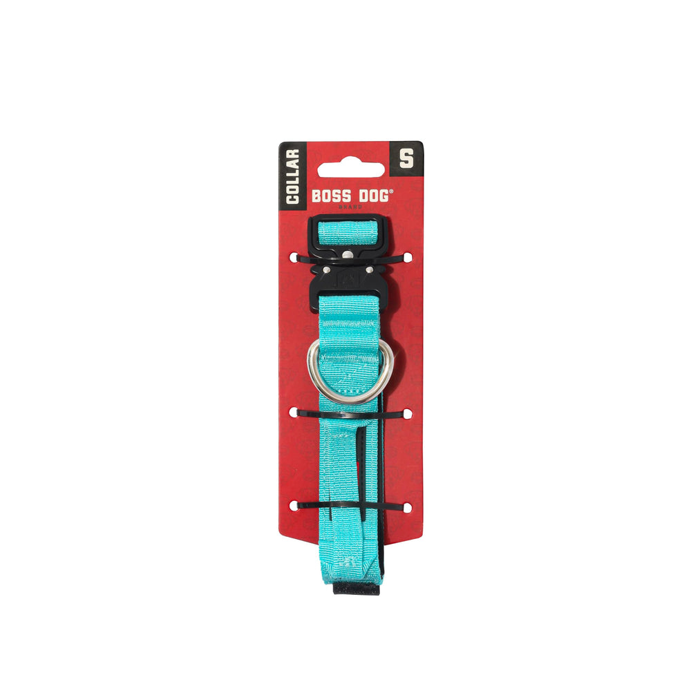 Boss Dog Tactical Collar Teal Small closeup highlighting rugged nylon and rust-resistant hardware.