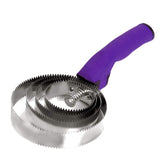 BOTH WINNERS reversible curry comb purple full product shot illustrates efficient grooming and shedding.