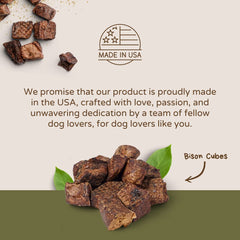 Boulder Dog Food Company Bison Cubes full-bag shows USA-made, ethical sourcing appeal.