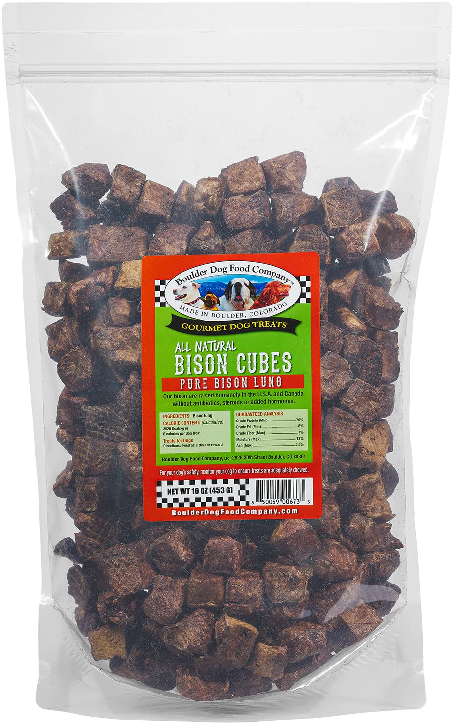 Boulder Dog Food Company Bison Cubes packaging highlights all-natural, single-ingredient treats for dogs.