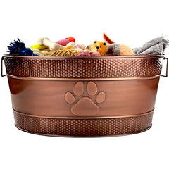 BREKX indestructible dog toy bin with paw print in copper offers durable toy storage for busy pups.