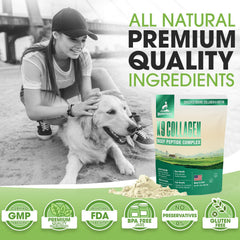 Brightway Pets K9 Collagen Peptide Complex powder-dispensing scene shows convenient daily use.