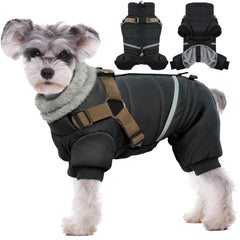 BRKURLEG dog winter coat with harness back-clip showcases secure fashion for chilly hikes.