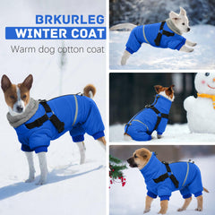 BRKURLEG Blue Dog Winter Coat reflective trim aids safe nighttime visibility.