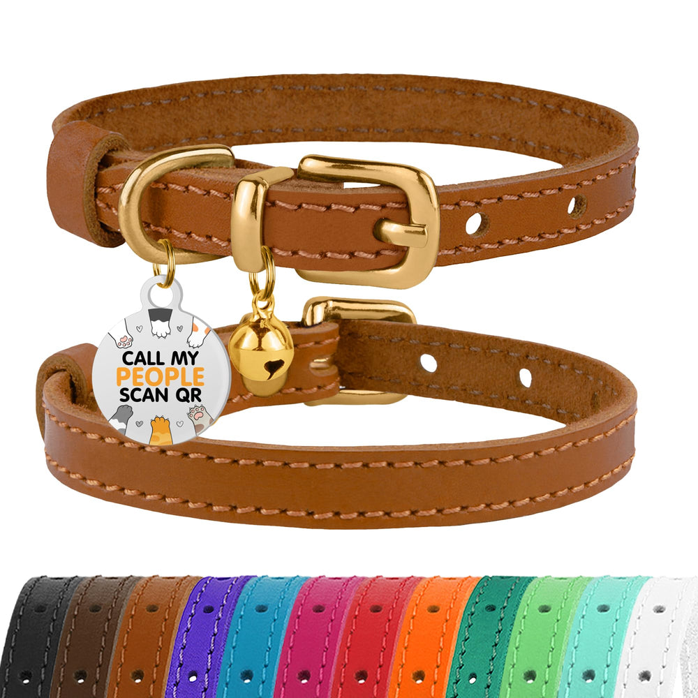 BRONZEDOG leather cat collar with bell close-up showing durable leather texture for daily wear