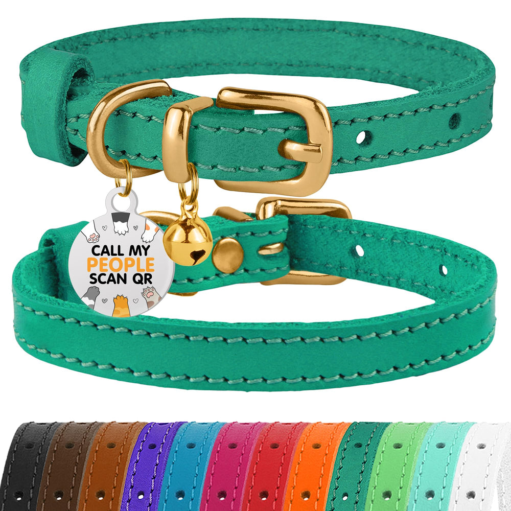 BRONZEDOG leather cat collar in green and gold for 9-12 inch necks, stylish and comfortable