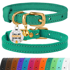 BRONZEDOG leather cat collar in green and gold for 9-12 inch necks, stylish and comfortable