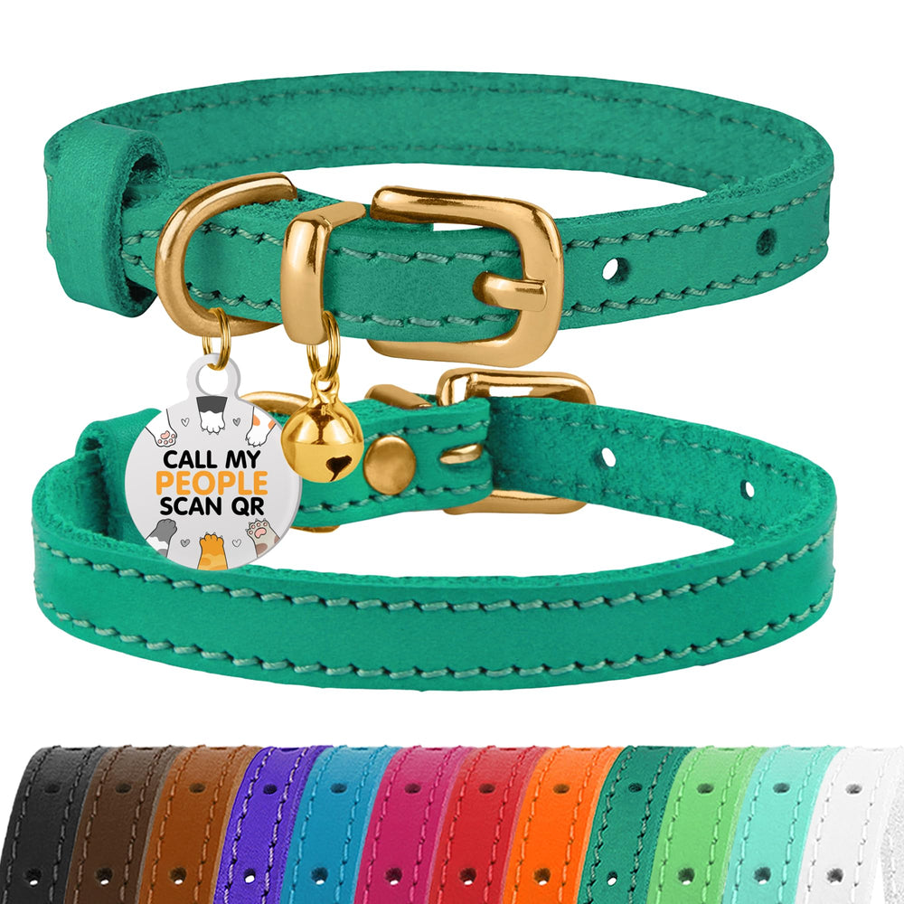 BRONZEDOG leather cat collar green-gold closeup with sturdy buckle for daily wear.