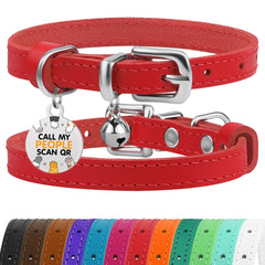 BRONZEDOG leather cat collar red and silver strap for daily wear.